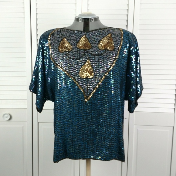 Vintage Tops - SOLD Vintage 100% silk sequin heart blouse 2X